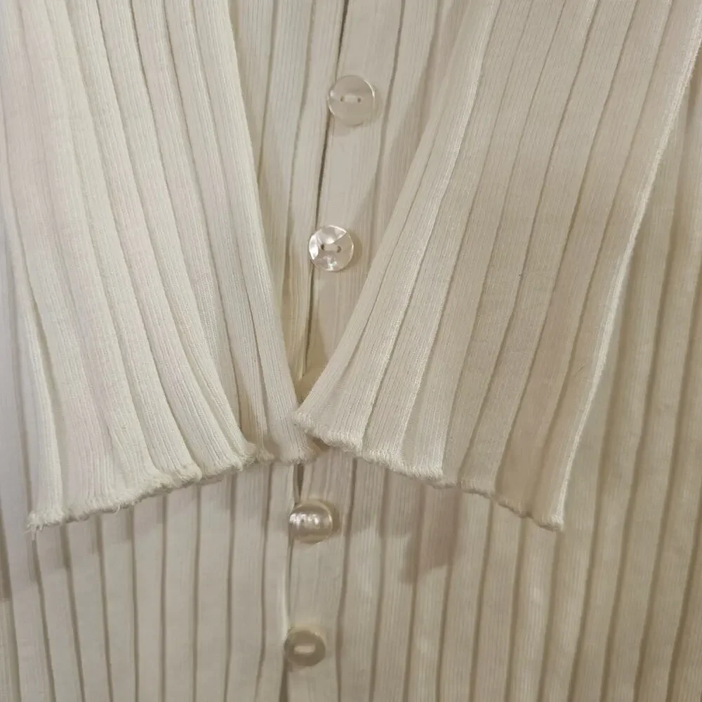 Free People Ribbed Cardigan Cream Button Front Stretch Size L - Picture 6 of 7